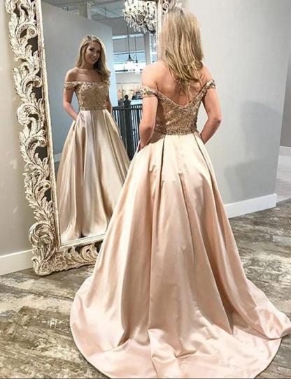 Elegant A-Line Beading Off-the-Shoulder Pocket Floor-Length Prom Dress