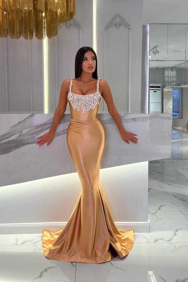 Champagne Long Mermaid Square Neckline Sequined Beading Prom Dresses   COCOSBRIDE
