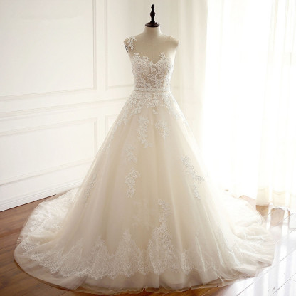 Stylish Long A-line Jewel Tulle Wedding Dress With Appliques Lace