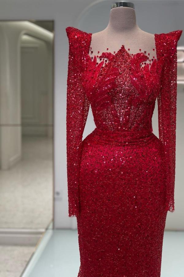 Long Sleeves Mermaid Sequined Tulle Prom Dresses with Court Train