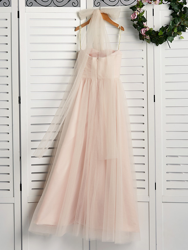 A-Line Halter Neck Floor Length Tulle Junior Bridesmaid Dress With Ruching