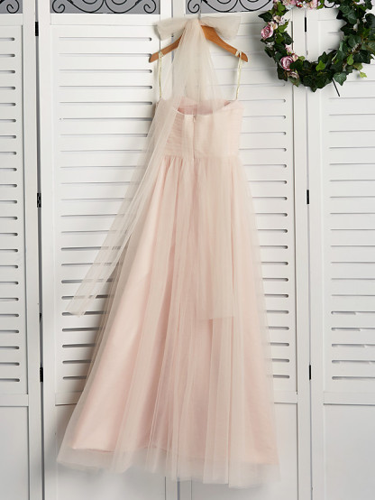 A-Line Halter Neck Floor Length Tulle Junior Bridesmaid Dress With Ruching