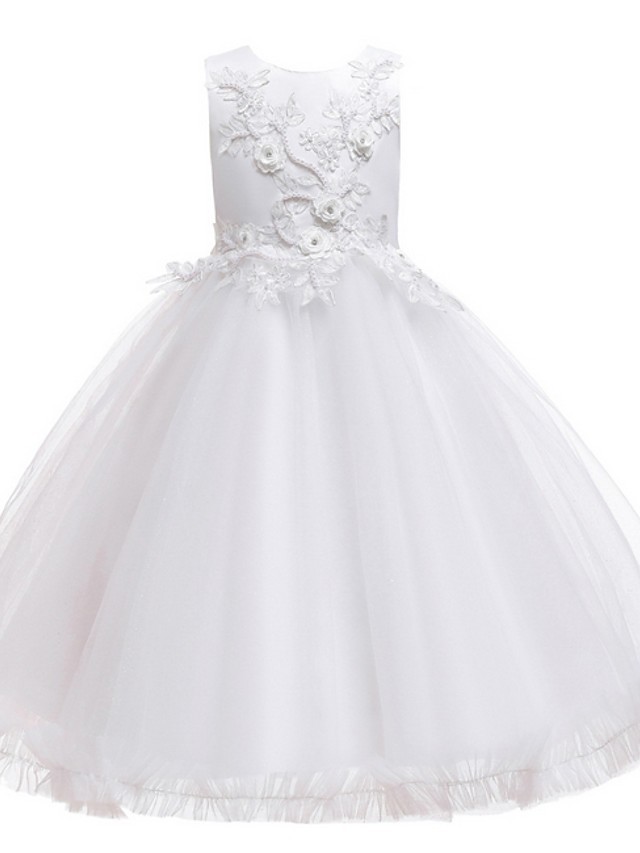 Ball Gown Tulle Sleeveless Jewel Neck Flower Girl Dresses with Appliques Lace