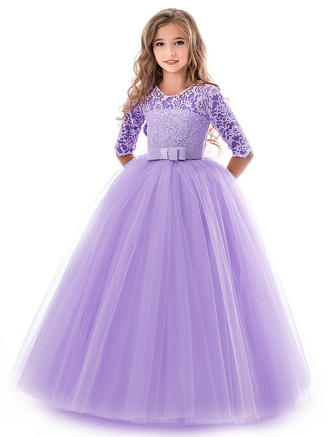 Princess Long Length Wedding / Party / Pageant Flower Girl Dresses - Lace / Tulle Half Sleeve Jewel Neck With Lace / Belt