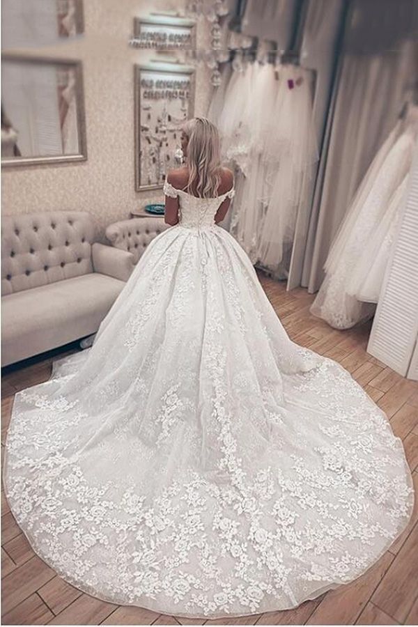 Luxury Long Off the Shoulder A-line Lace Wedding Dresses