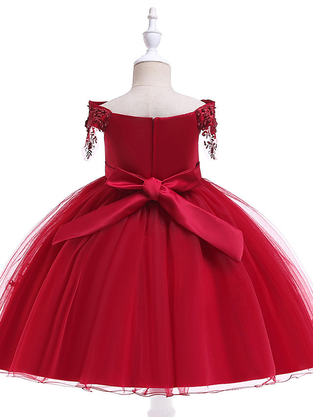 Princess Above Knee Wedding / Party / Pageant Flower Girl Dresses - Satin / Tulle Short Sleeve Off Shoulder With Lace / Beading / Appliques