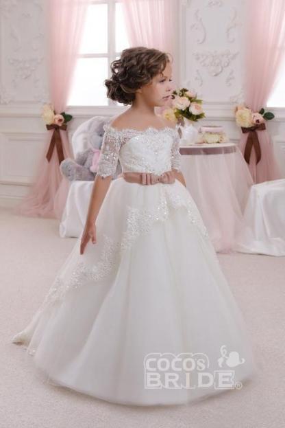 White Off The Shoulder 1/2 Sleeves Ball Gown Flower Girl Dress