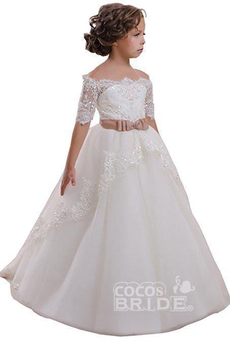White Off The Shoulder 1/2 Sleeves Ball Gown Flower Girl Dress
