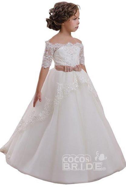 White Off The Shoulder 1/2 Sleeves Ball Gown Flower Girl Dress