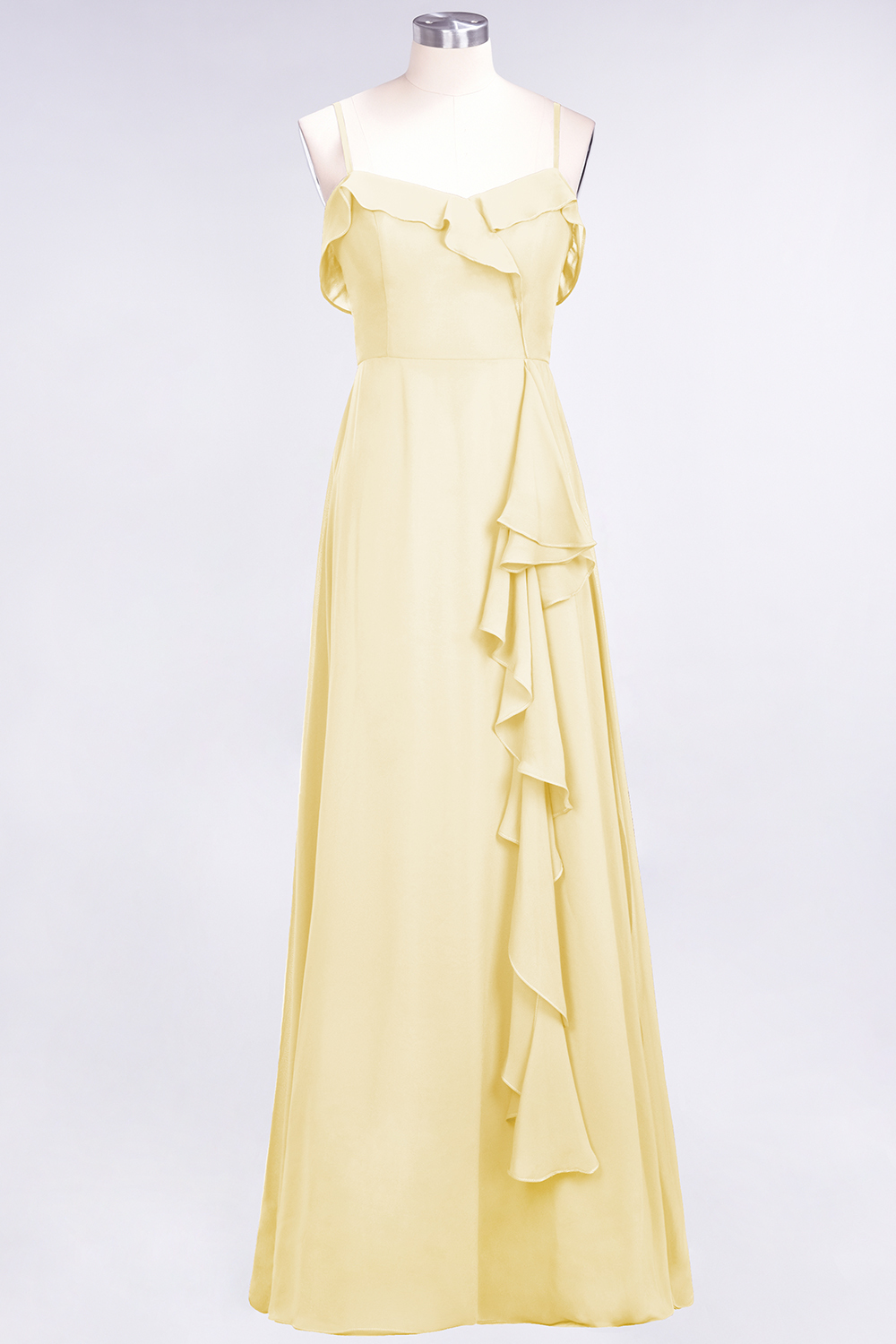 Spaghetti Straps A-Line Chiffon Backless Floor-length Prom Dress With Ruffles