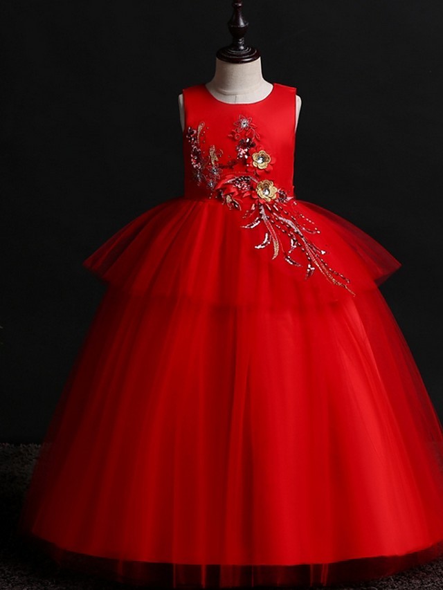 Princess / Ball Gown Floor Length Wedding / Party Flower Girl Dresses - Satin / Tulle Sleeveless Jewel Neck With Bow(S) / Appliques