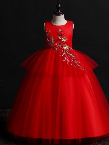 Princess / Ball Gown Floor Length Wedding / Party Flower Girl Dresses - Satin / Tulle Sleeveless Jewel Neck With Bow(S) / Appliques