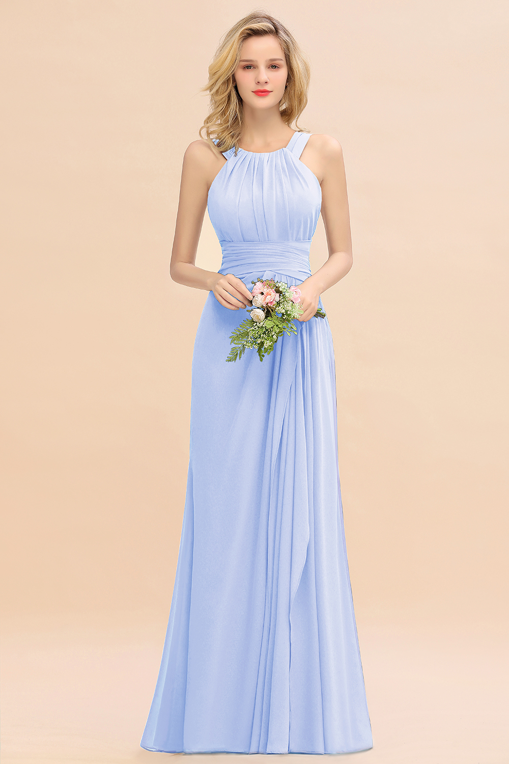 Long A-line Halter Chiffon Backless Floor-length Bridesmaid Dresses
