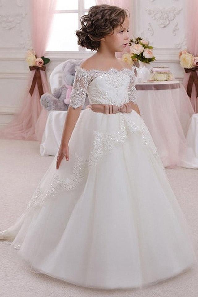 White Off The Shoulder 1/2 Sleeves Ball Gown Flower Girls Dress