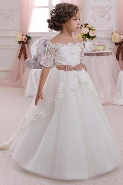 White Off The Shoulder 1/2 Sleeves Ball Gown Flower Girl Dress
