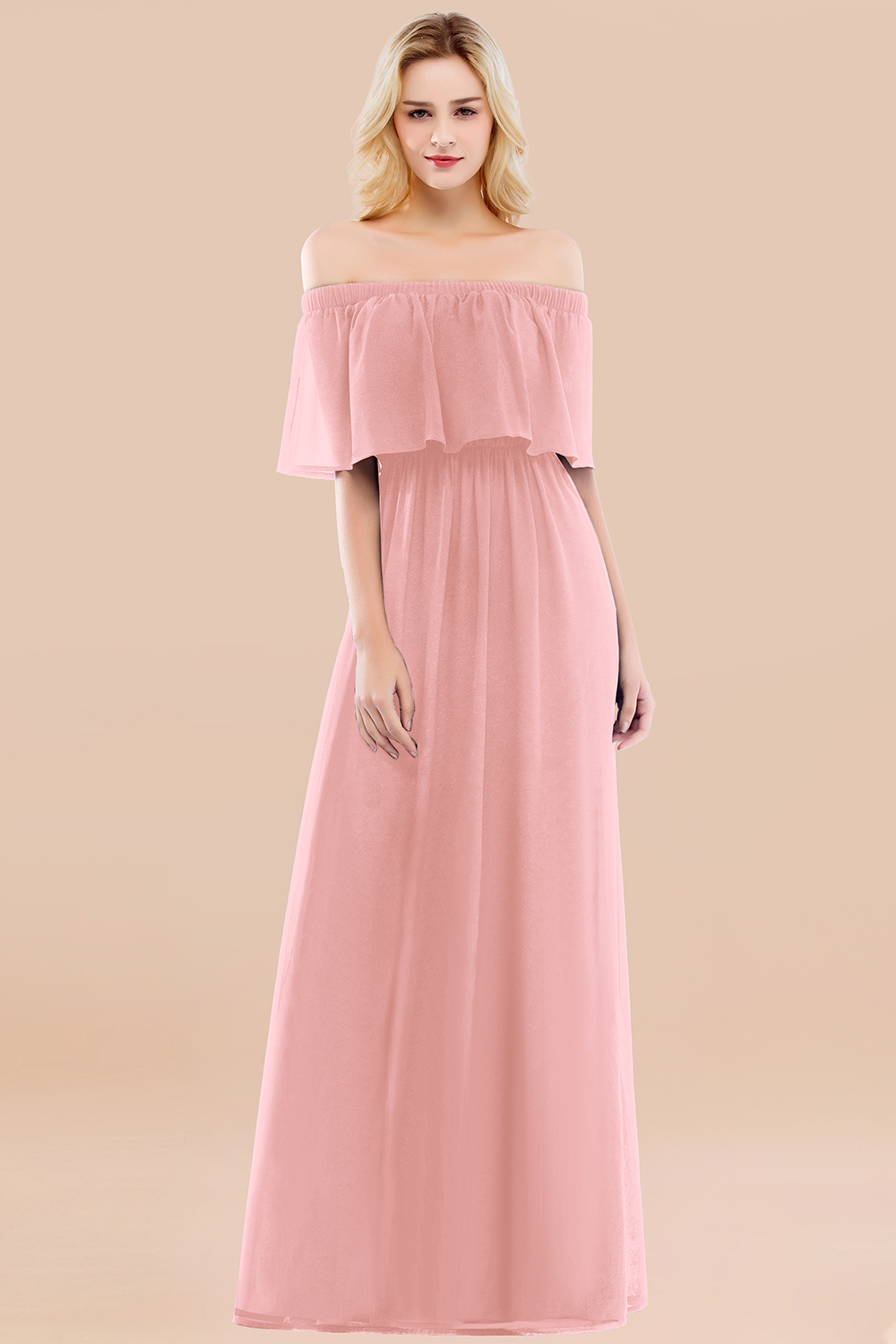 A-line Chiffon Off-the-Shoulder Short-Sleeves Ruffles Floor-length Bridesmaid Dress