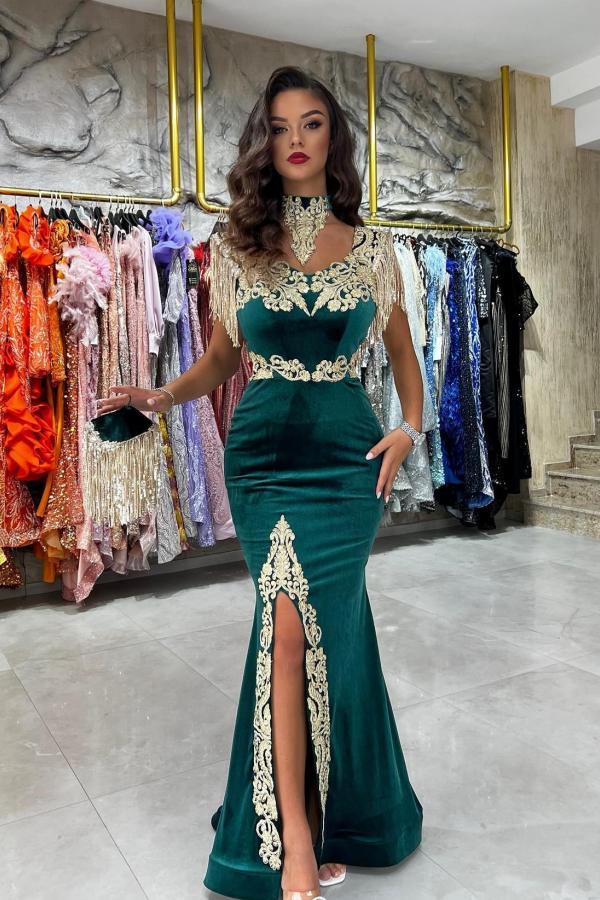 Sexy Long Mermaid Halter Front Slit Gold Appliques Velvet Formal Dress with with Tassels