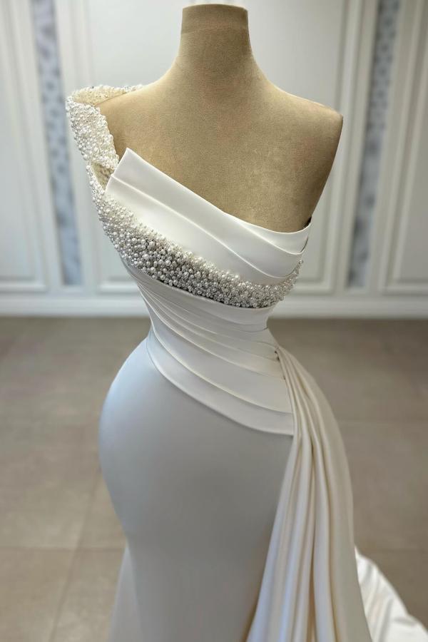 One Shoulder Beaded Mermaid White Satin Long Prom Dress