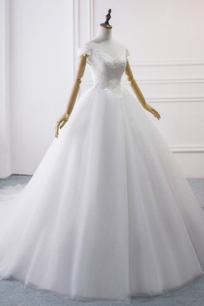 Amazing Long Off the Shoulder V-neck Lace Tulle Ball Gown Wedding Dress