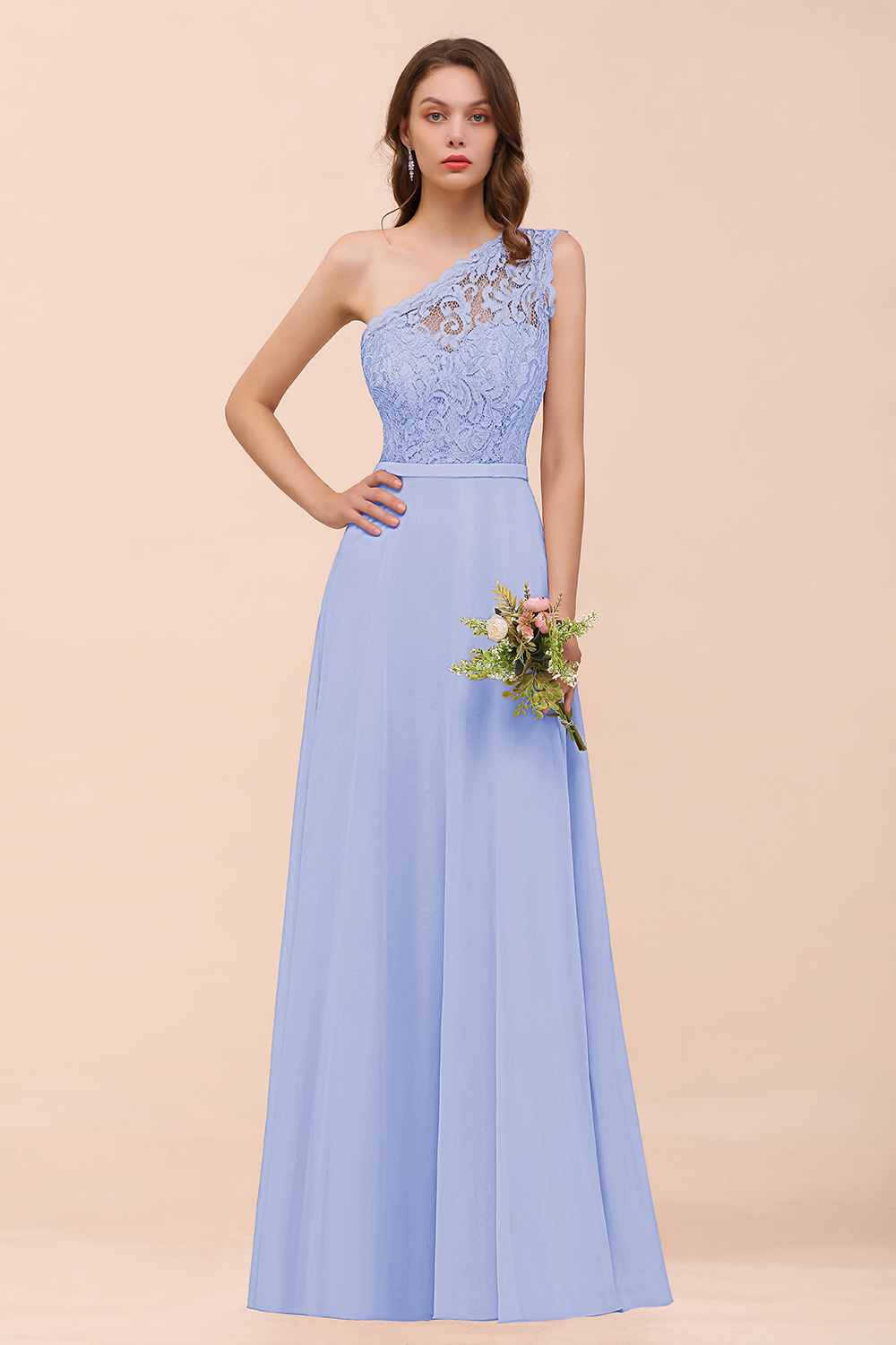 Classy One Shoulder Appliques Lace Floor-length A-Line Chiffon Bridesmaid Dress