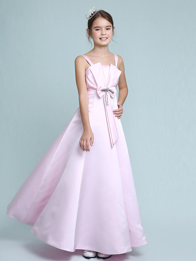 Princess / A-Line Spaghetti Strap Floor Length Stretch Satin Junior Bridesmaid Dress With Bow(S) / Beading / Empire / Spring / Summer / Fall / Winter