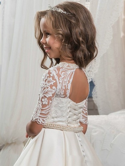Ball Gown Sweep / Brush Train Wedding / Birthday / Pageant Flower Girl Dresses - Matte Satin Half Sleeve Jewel Neck With Embroidery / Bandage