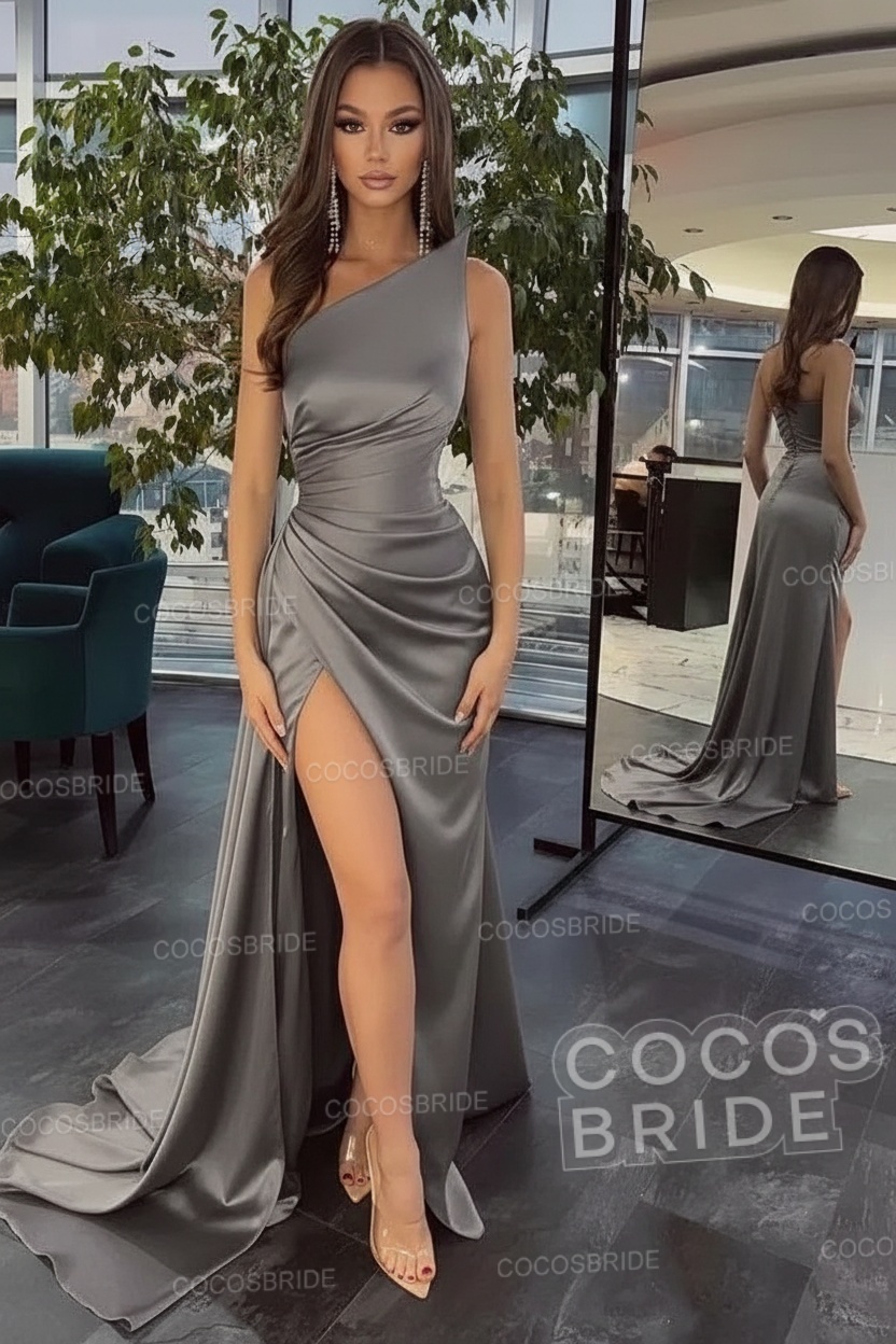 Elegant Black Long Mermaid One Shoulder Satin Prom Dress