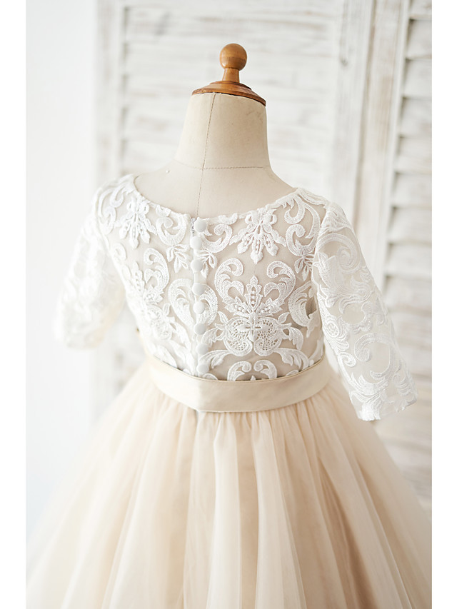 Ball Gown Knee Length Wedding / Birthday Flower Girl Dresses - Lace / Tulle Half Sleeve Jewel Neck With Belt / Buttons