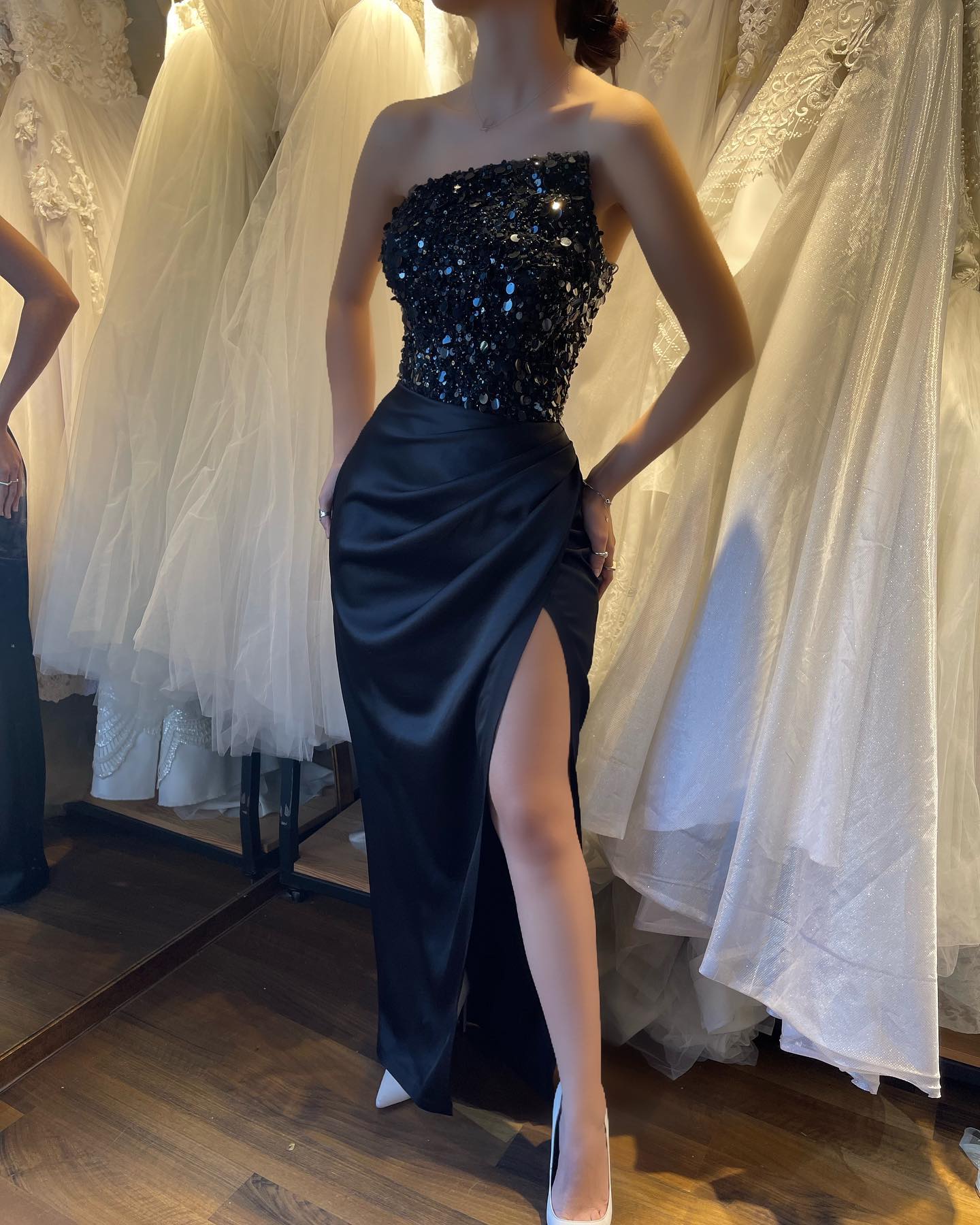 Simple Strapless Mermaid Satin Long Black Prom Dress with Split Front