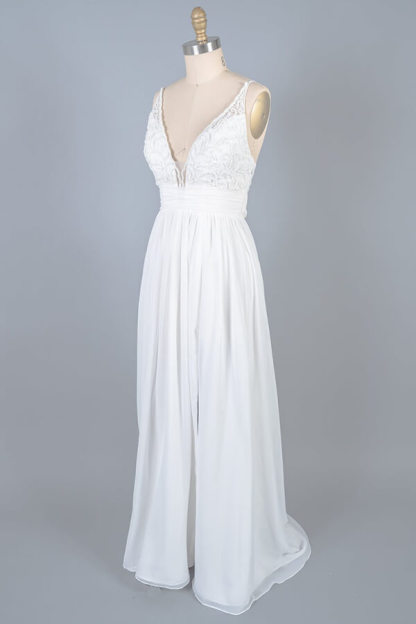 Long V-neck Front Slit Lace Chiffon Sheath Wedding Dress