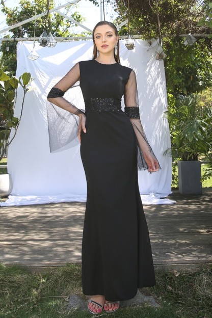 Beautiful Black Long Mermaid Crew Neck Wedding Guest Dresses with Sleeves