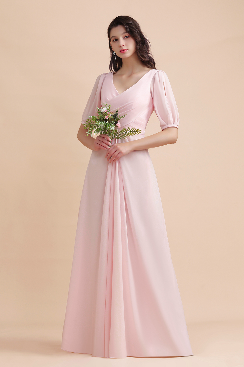 Pretty Half Sleeves V-neck A-Line Bridesmaid Dress Chiffon Long Wedding Guest Dress