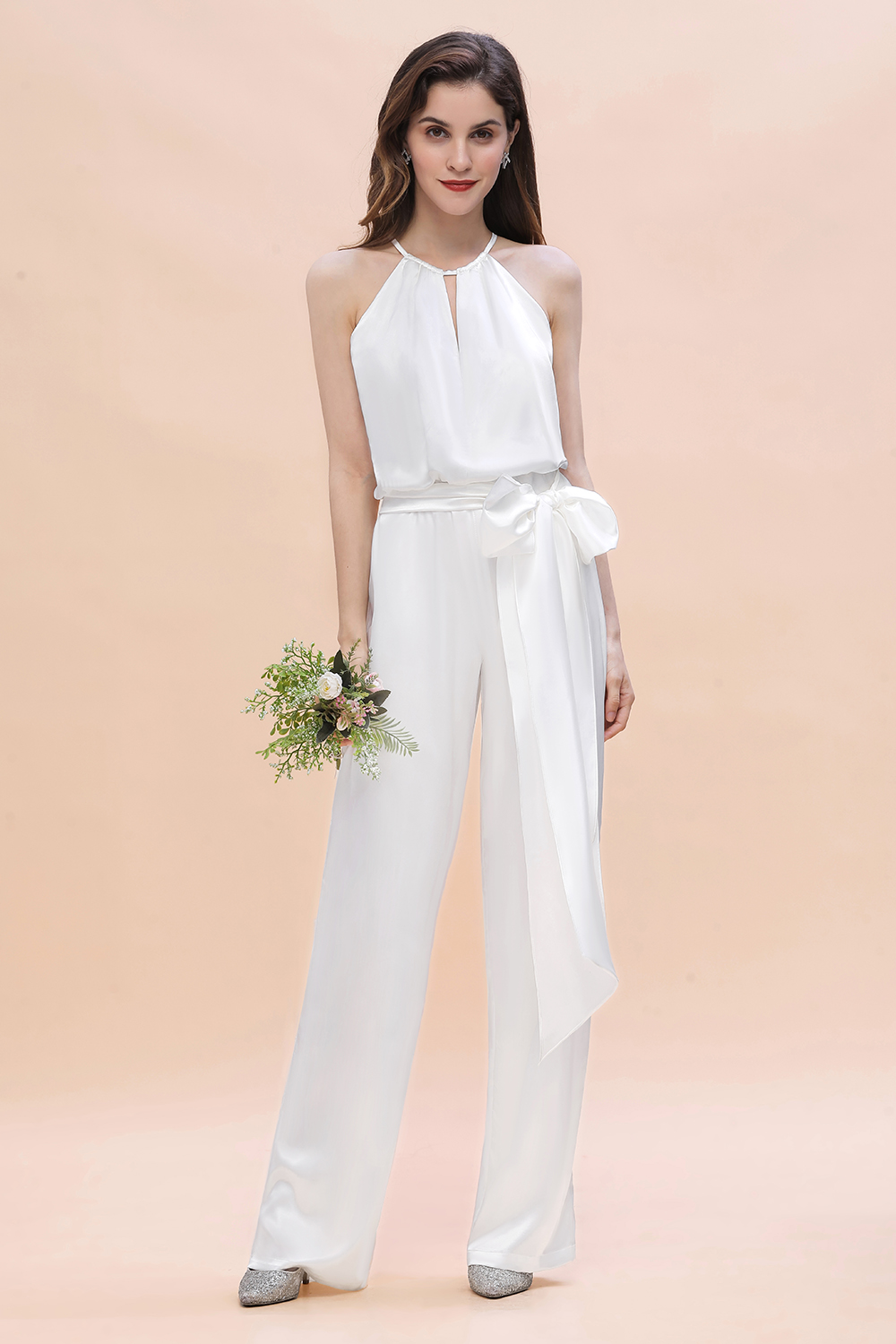Elegant White Halter Bridesmaid Dress Floor-length Jumpsuit With Bowknot