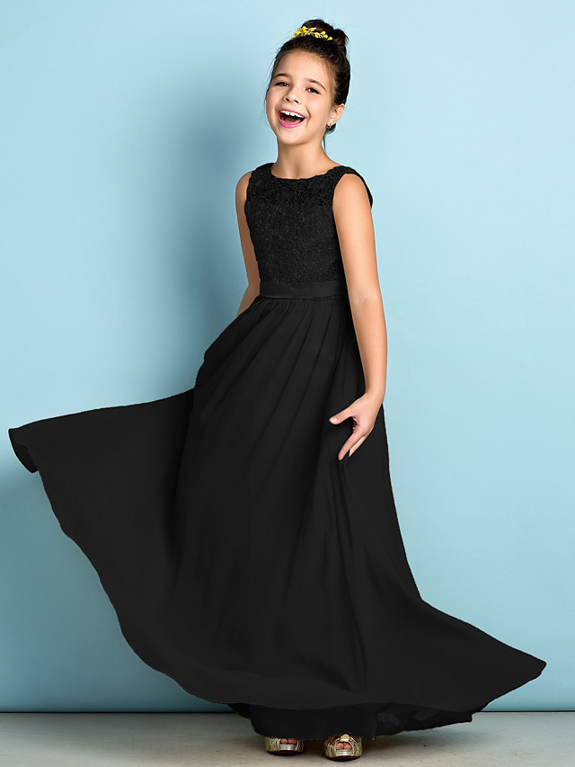 A-Line Scoop Neck Floor Length Chiffon / Lace Junior Bridesmaid Dress With Lace / Natural / Mini Me