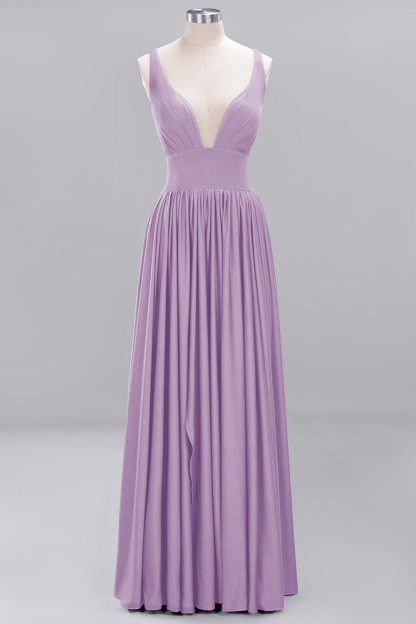 A-Line V-Neck Sleeveless Long Ruffles Bridesmaid Dress