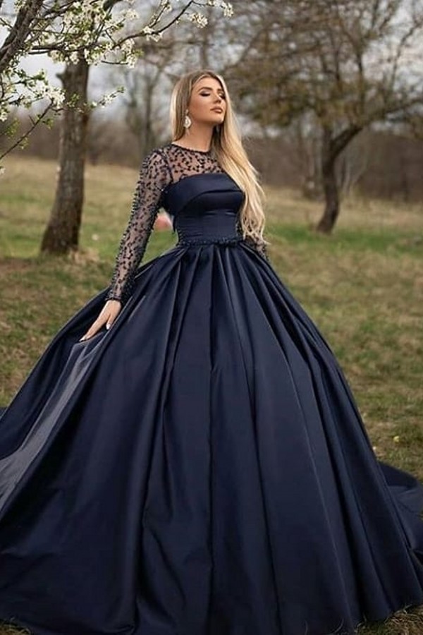 Gorgeous A-line Bateau Long Sleeve Pearl Floor-length Ruffles Satin Prom Dress