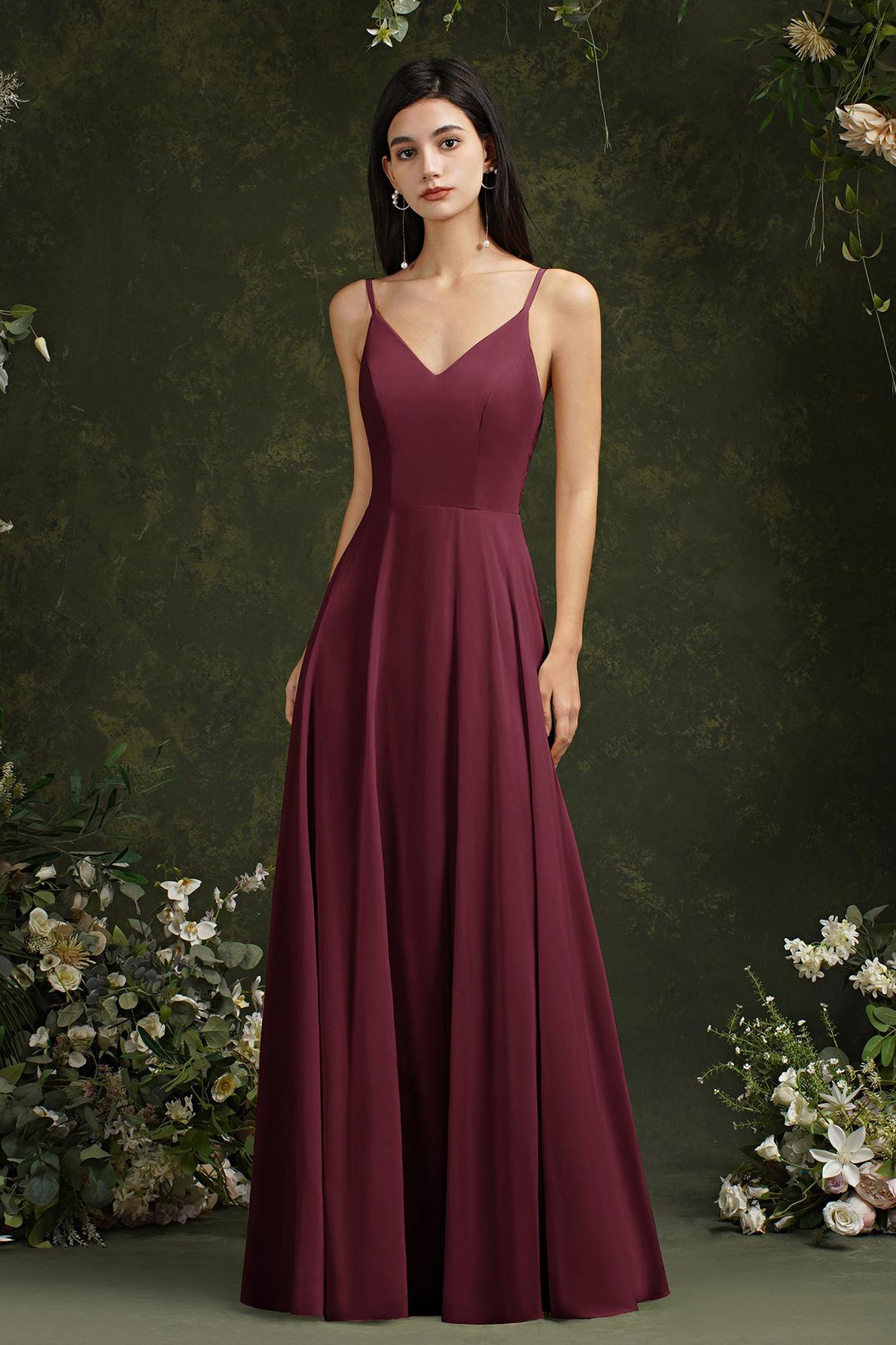 Long A-line Spaghetti Straps V-neck Floor Length Chiffon Formal Evening Dress