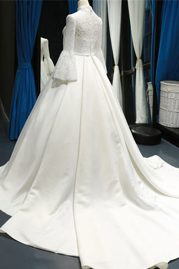 Elegant High Neck Long Sleeves Ball Gown Satin Wedding Dresses