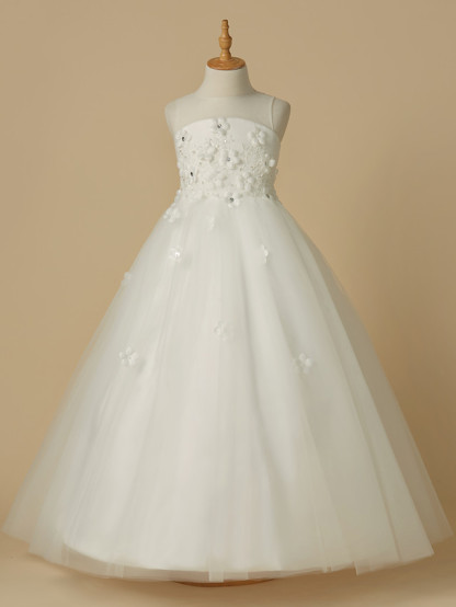 A-Line Floor Length Wedding / First Communion Flower Girl Dresses - Satin / Tulle Sleeveless Jewel Neck With Beading / Flower