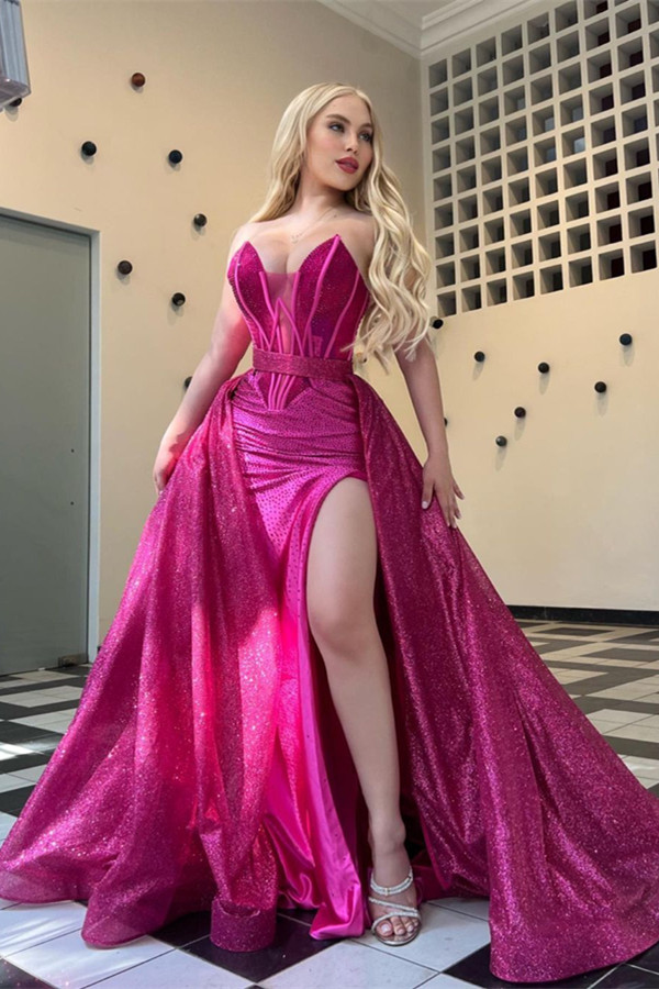 Sparkle Strapless Long V-Neck Mermaid Split Prom Dress with Detachable Train