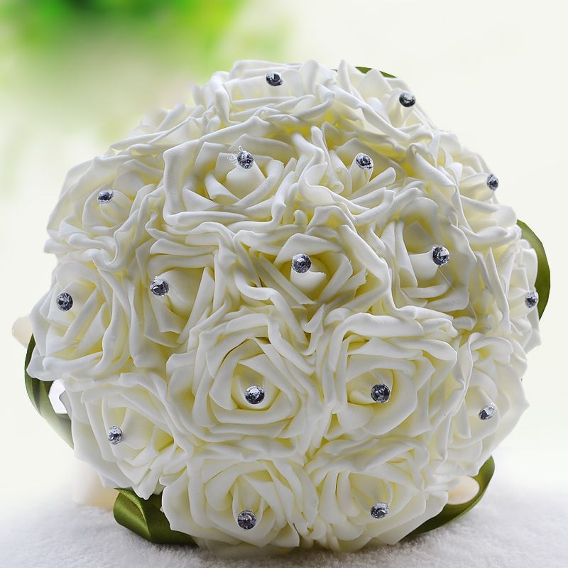 Ivory Silk Beading Rose Bouquet with Colorful Ribbons