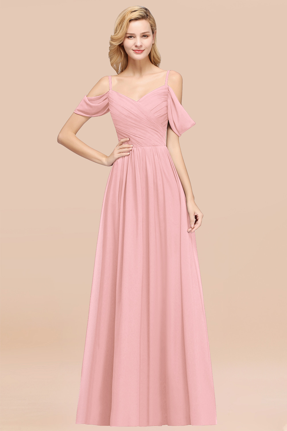 A-Line Chiffon V-Neck Spaghetti Straps Short-Sleeves Floor-Length Bridesmaid Dresses with Ruffles