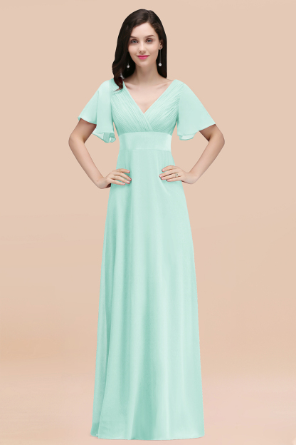 Simple A-Line Chiffon V-Neck Short-Sleeves Ruffles Floor-Length Bridesmaid Dresses