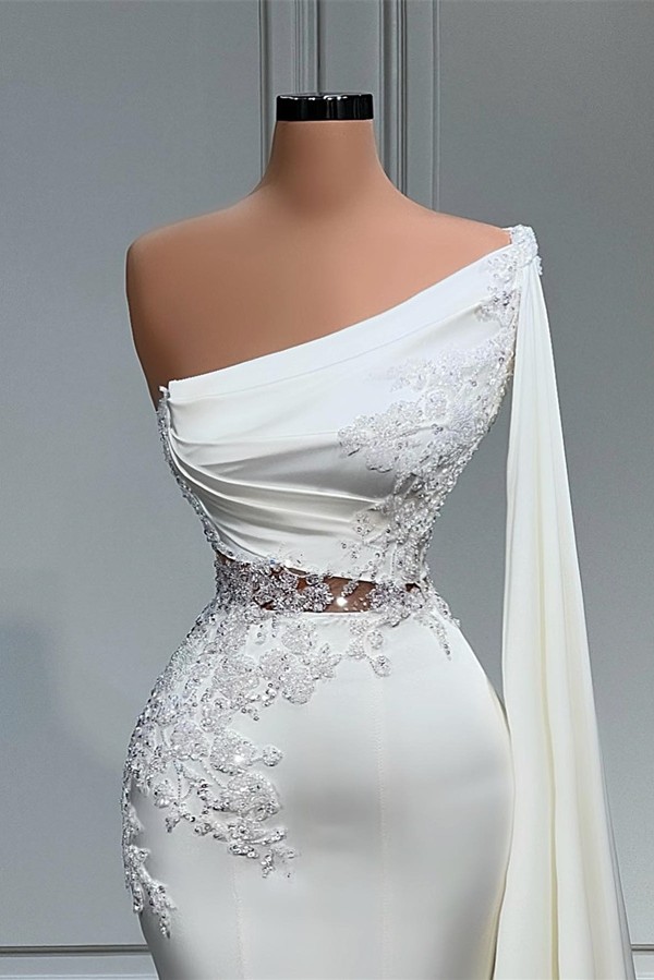 White Long Mermaid One Shoulder Satin Lace Prom Dress