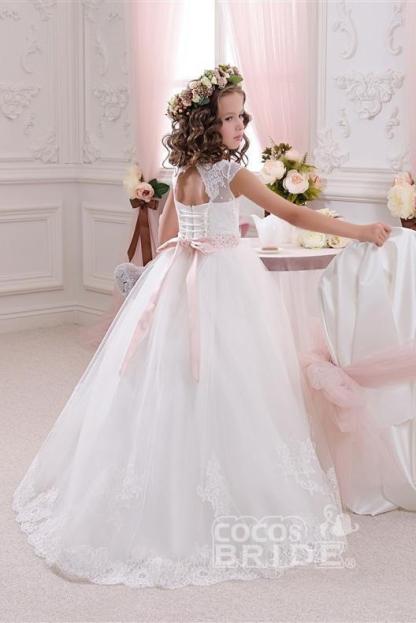 White Scoop Neck Short Sleeves Ball Gown Flower Girls Dress