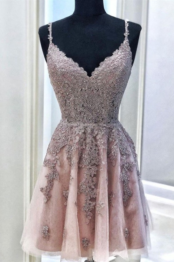 Short A-line V-neck Spaghetti Straps Appliques Lace Tulle Homecoming Dress - CoCosBride