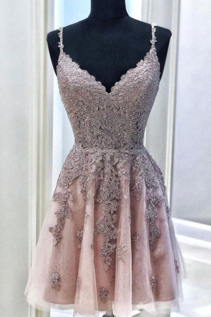 Short A-line V-neck Spaghetti Straps Appliques Lace Tulle Homecoming Dress - CoCosBride