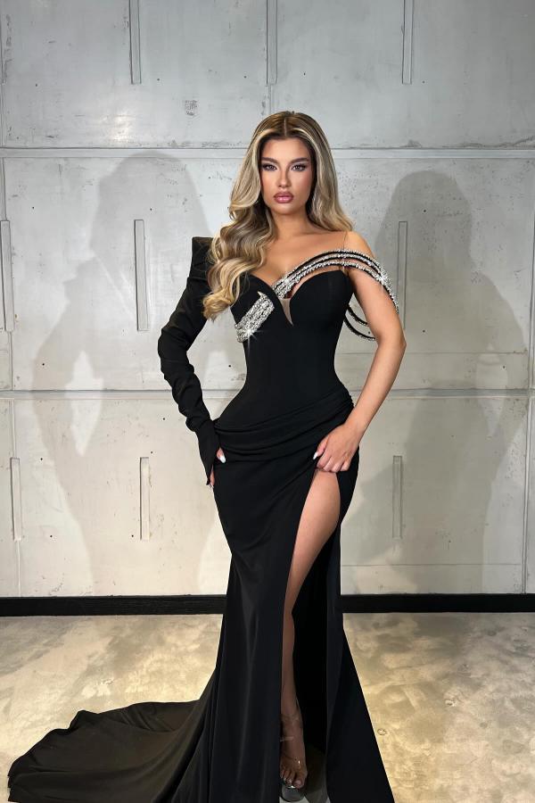 Split Front Black Mermaid Draped Satin Long Prom Dress with Rhinestone