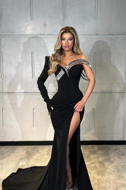 Split Front Black Mermaid Draped Satin Long Prom Dress with Rhinestone