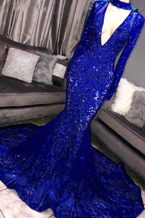 Marvelous Long Sleeves Mermaid High Neck Sequins Prom Dress